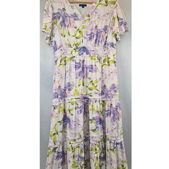 Biltmore Linen Floral V-Neck Midi Dress Romantic Lavender Cream Lined Large - Picture 3 of 10